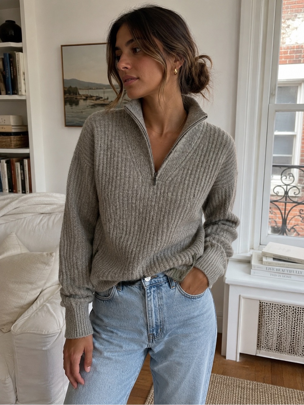 L.L.Bean Wool Blend Ribbed 1/4 Zip Sweater M | Vintage Y2K Neutral Minimalist